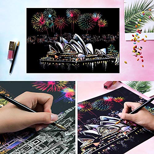 Egosky Scratch Art Paper Rainbow Painting Sketch Pad DIY Night View Scratchboard for Adults and Kids - 4 Packs, 16 X 11.2 Inches - Thumbnail 4