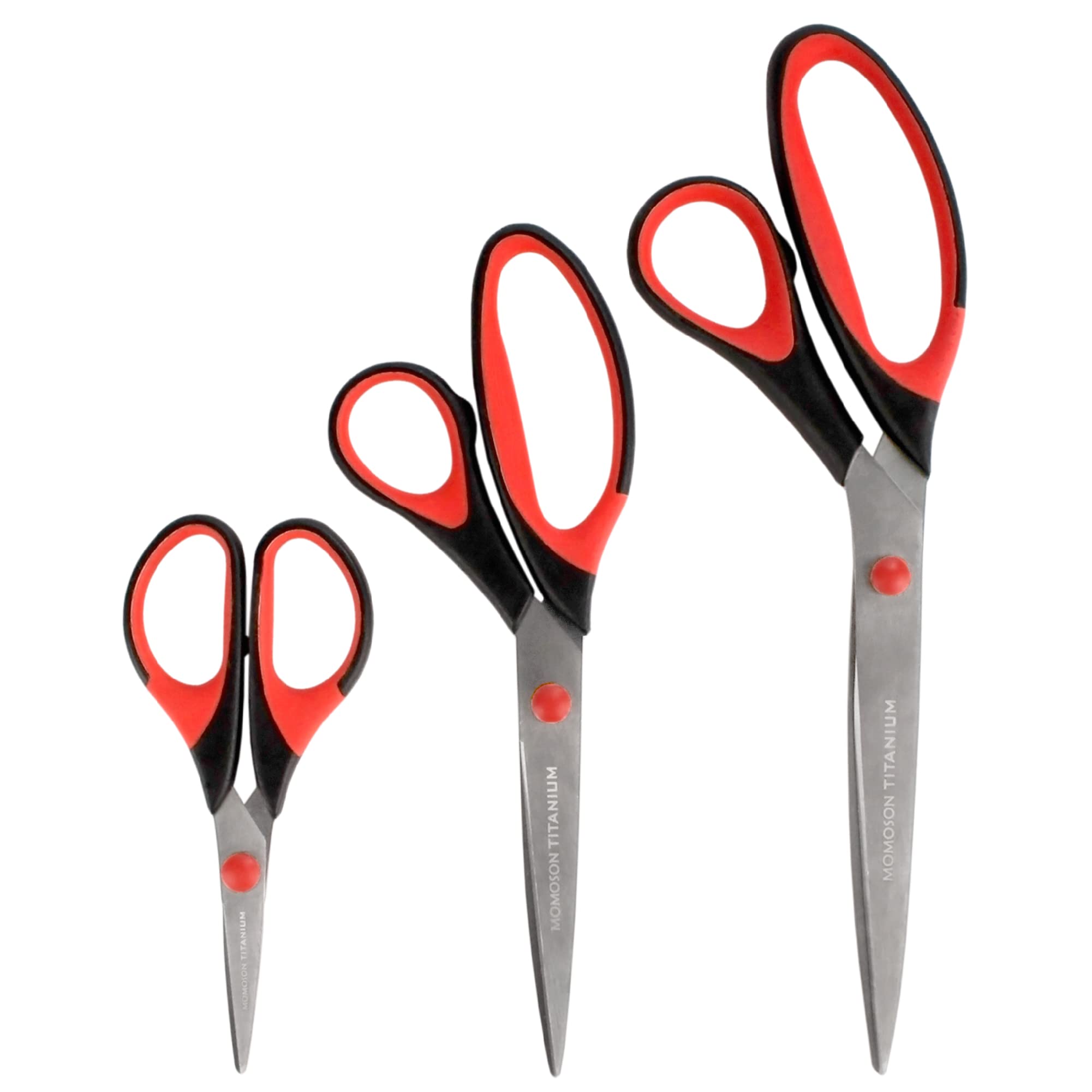 BambooMN Titanium Softgrip Scissors Set for Sewing Arts Crafts Office - Jubilee Yarn - 1 Set of 3 - Black W/Red Inlays