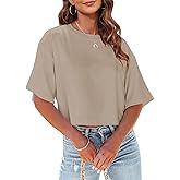 Tankaneo Women Half Sleeve Cropped T-Shirts Drop Shoulder Round Neck Crop Tops Casual Summer Solid Color Basic Tees