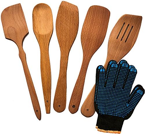 Wooden Cooking Spoons Set With 2 Bonus Oven Gloves - Natural Hardwood Cooking Utensils โ 5 Nonstick Wooden Spatula and Spoons for Kitchen - Super Durable Eco-friendly Beechwood Spoons by Ecosall