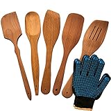 Wooden Cooking Spoons Set With 2 Bonus Oven Gloves - Natural Hardwood Cooking Utensils – 5 Nonstick Wooden Spatula and Spoons for Kitchen - Super Durable Eco-friendly Beechwood Spoons by Ecosall