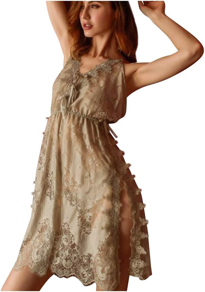 Scenxion Pajamas Plain Nightdress for Woemen, Cotton V Neck lace Strap Long Nightwear Ladies Pajamas Bow Nightdress Lingerie Women Underwear Sleepwear New Sexy Fashion