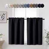 WelvetBLK Black Blackout Curtains 36 Inch Long Tier 2 Panels for Windows | Small Kitchen Window Curtains, Thermal Insulated Textured Rod Pocket Home Decor for Bathroom Basement Over Sink, Each 30Wx36L