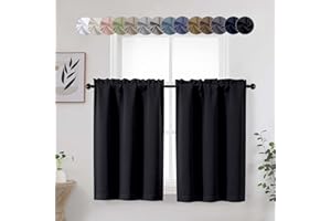 WelvetBLK Black Cafe Blackout Curtains Tier 36 Inch Length 2 Panels, Soft Solid Thermal Insulated Room Darkening Small Kitchen Window Curtains Over Sink for Bathroom Basement, Black, Each 30" Wx36 L