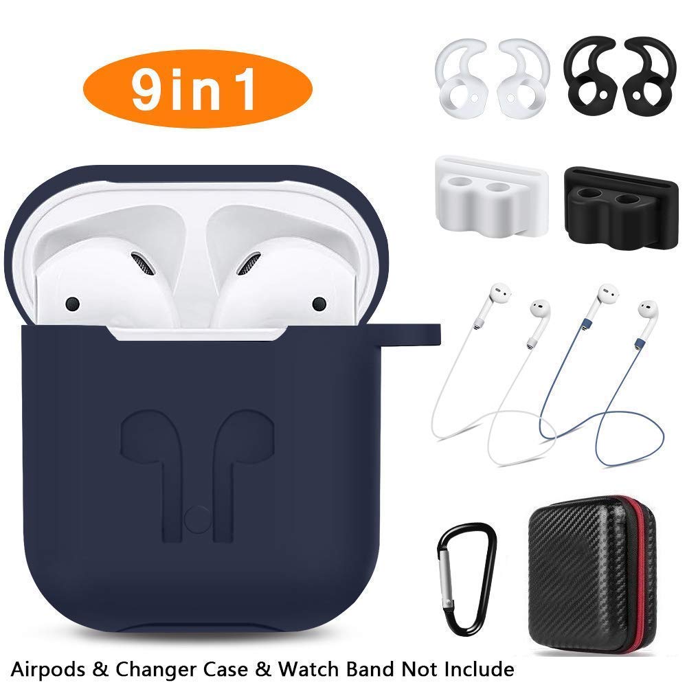 AirPods Case, Bipra 9 in 1 AirPods Accessories Set Protective Silicone Cover and Skin Compatible Apple AirPods Charging Case with Watch Band Holder/Ear Hook/Keychain/Strap/Carrying Box (Blue)
