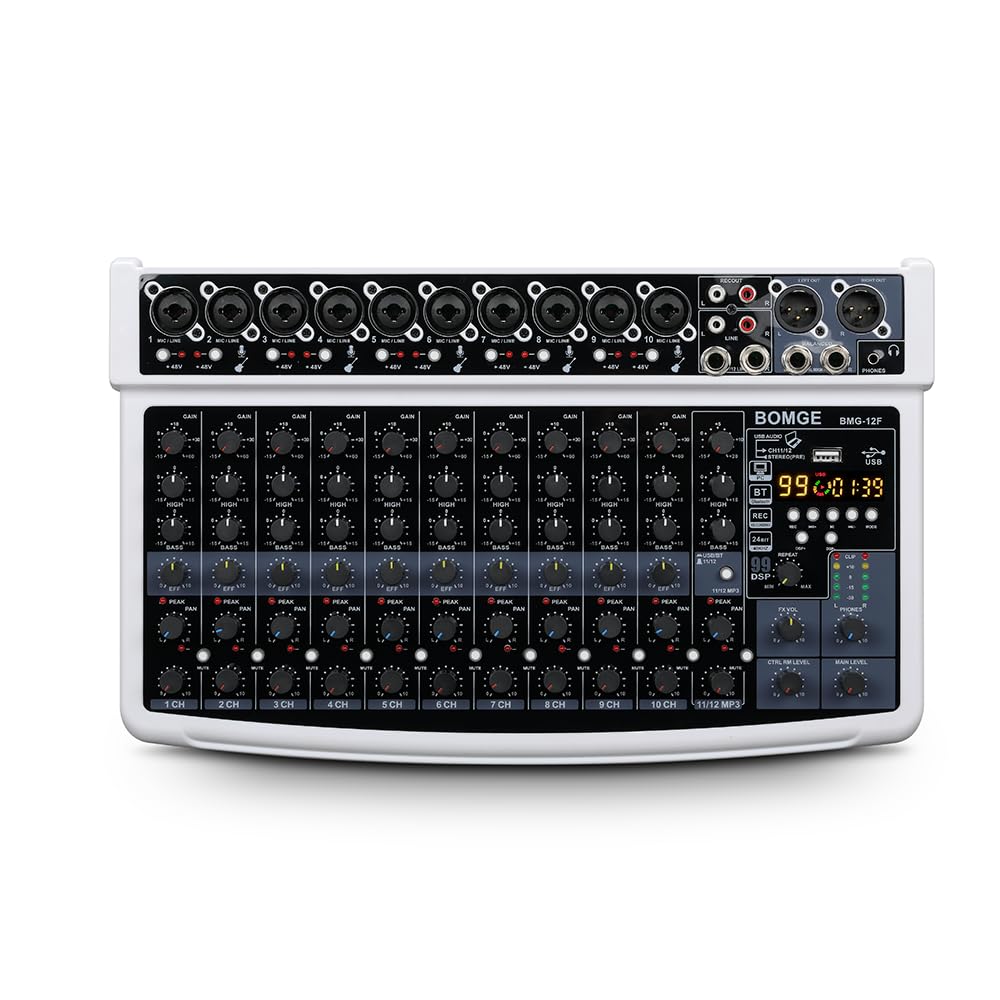 Photo 1 of BOMGE 12 Channel Professional Audio Mixer, Bluetooth Studio Mixer with USB, 48V Power, XLR/RCA Inputs, 99 DSP Effects For Professional and Beginners (12F-W)