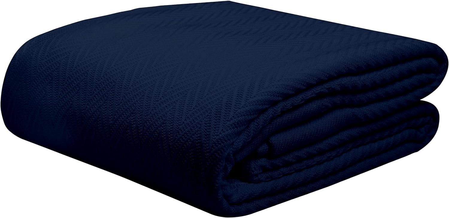Kotton Culture Bed Throw Single Size 100% Combed Cotton Herringbone Weave Sofa Throw Soft & Cozy All-season Lightweight Couch Blanket for Sofa Bed Outdoors Luxury Cooling Blankets (Navy)