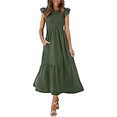 OFEEFAN Women's Casual Maxi Dresses with Pockets Ruffle Sleeve Smocked Dress XS-2XL