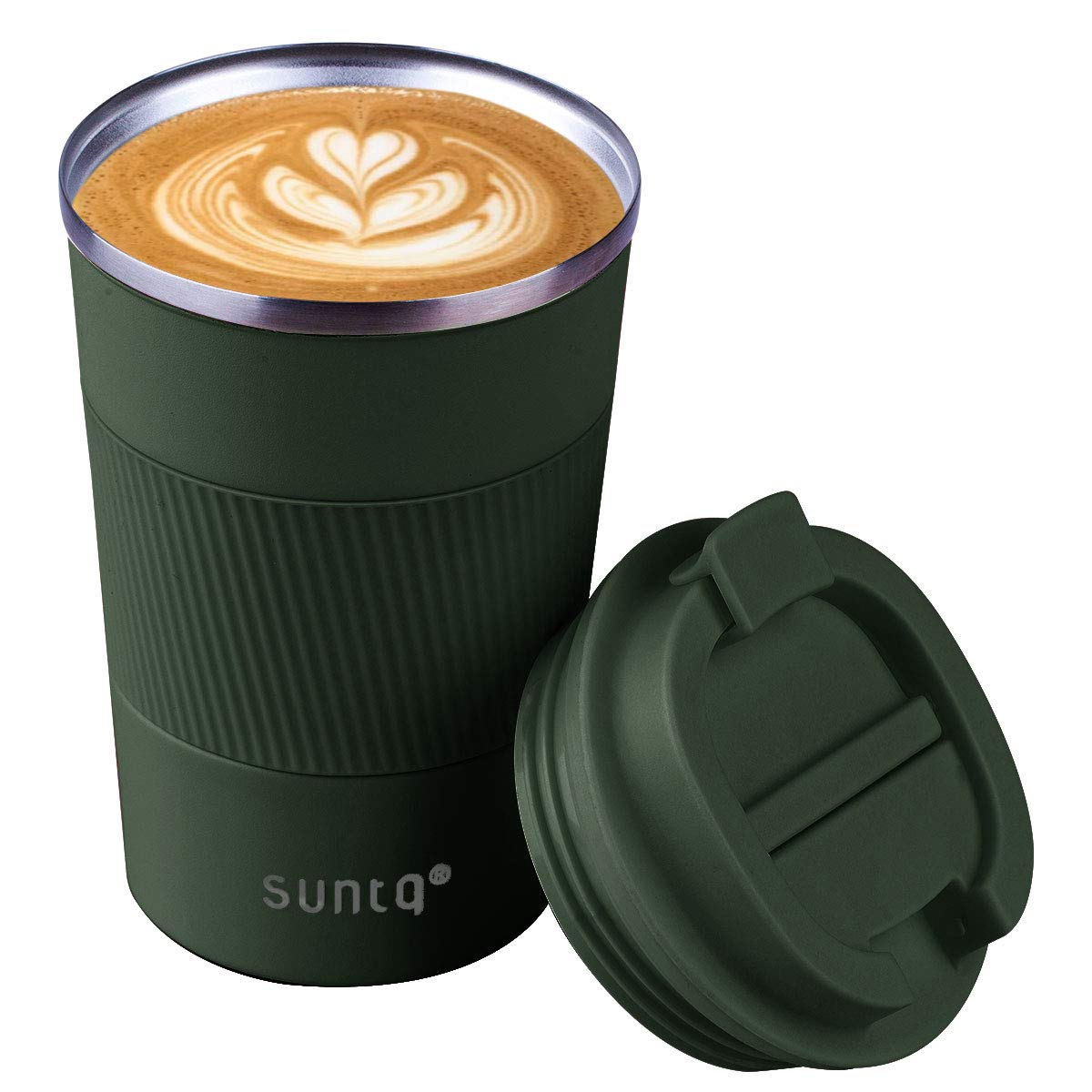 SUNTQ Reusable Coffee Cups Travel - Coffee Travel Mug with Leakproof Lid - Thermal Mug Insulated Cup - Stainless Steel Travel Cup with Rubber Grip - for Hot and Cold Drinks, 13oz/380ml, Green
