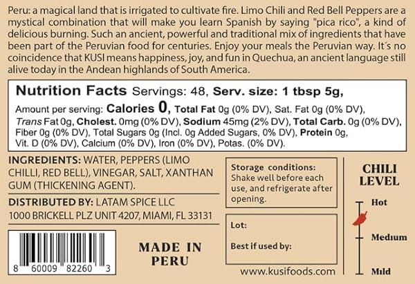 KUSI FOODS ANDEAN HEAT PERUVIAN HOT SAUCE, MADE WITH LIMO CHILI, RED BELL PEPPERS, VINEGAR AND SALT, CITRUSY, SPICY & SLIGHTLY SWEET, FERMENTED 50 DAYS, 8.5 OZ