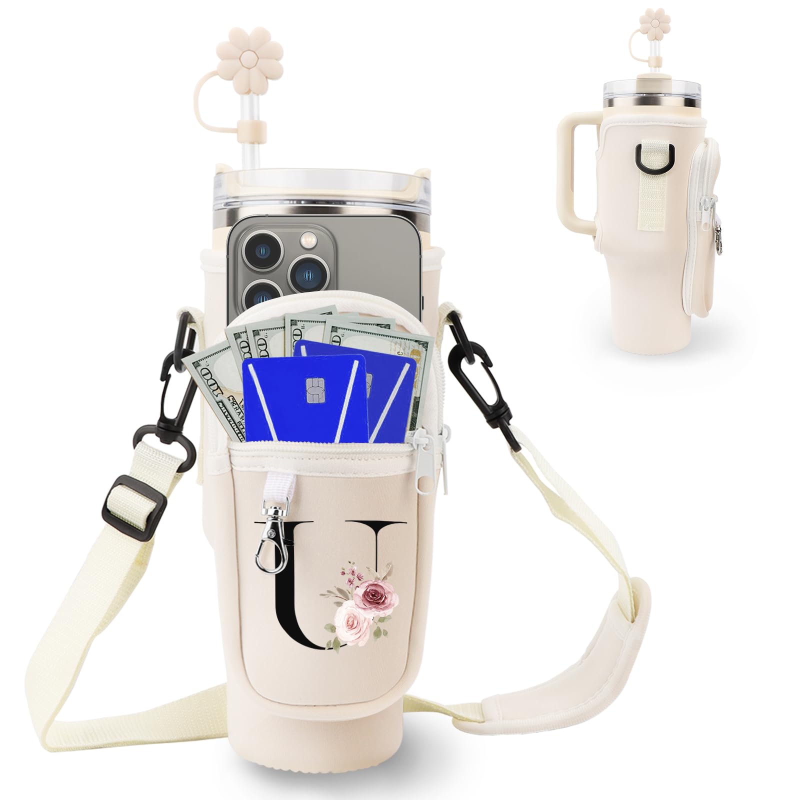 Initial Personalized Water Bottle Bag for Stanley 40oz Tumbler,with Phone Pocket,Neoprene Water Bottle Carrier with Adjustable Strap and Straw Cover & Carabiner,for Stanley Cup Accessories(U)