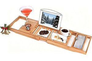 Utoplike Bamboo Bathtub Caddy Tray Bath Tray for Tub, Adjustable Bathroom Bathtub Organizer with Book Tablet Wine Glass Cup Towel Holder