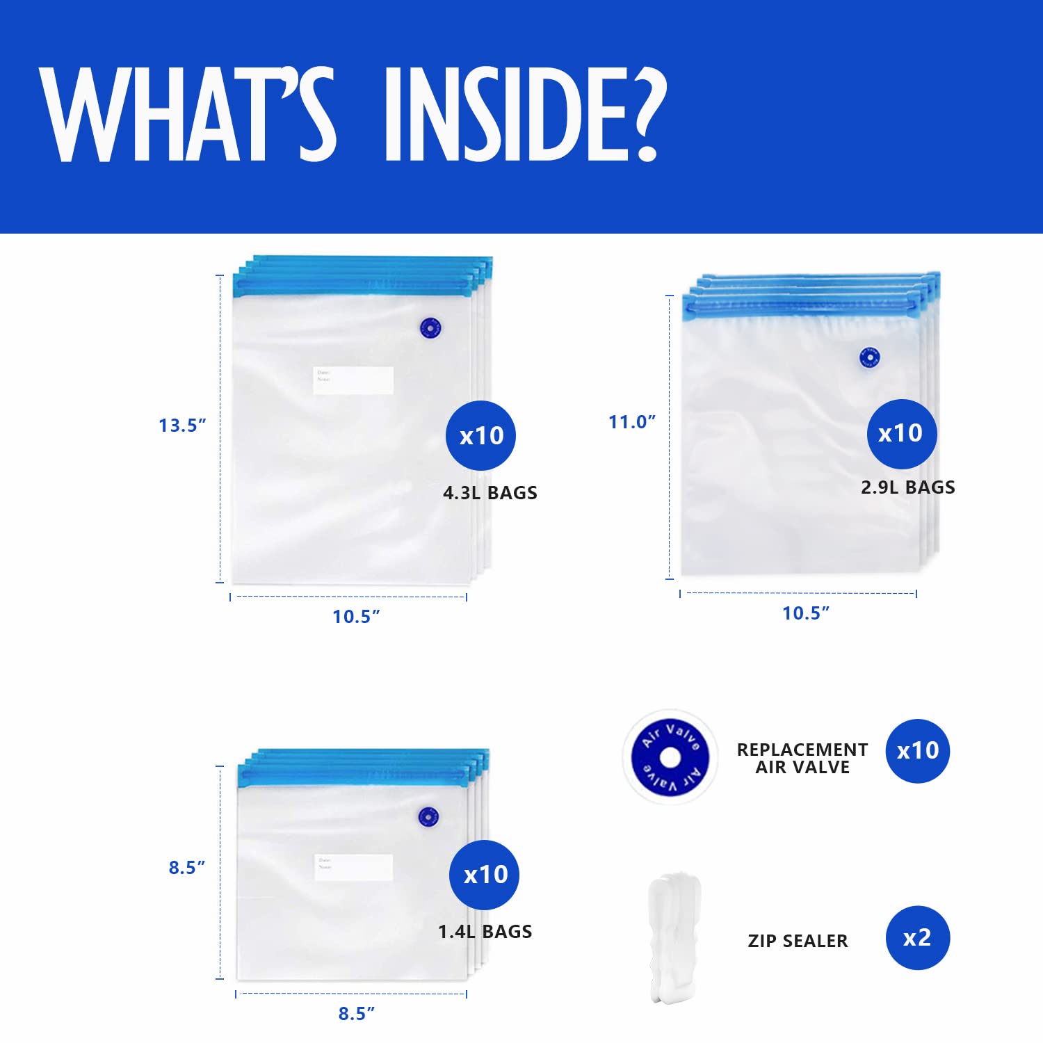 VICARKO 30 Vacuum Zipper Bags, Vacuum Sealer Bags, Food Storage, Reusable Bags, with Double Layers, BPA Free, Combo Size