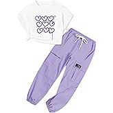 ARTMINE Girls' 2 Piece Outfits Casual Drawstring Jogger Pants and Loose Crop Top Set, 6-14 Years