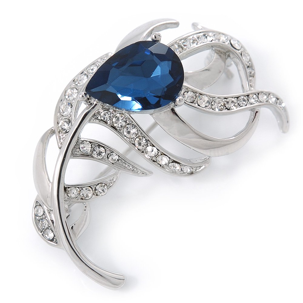 Rhodium Plated Montana Blue CZ, Clear Crystal Feather Brooch - 40mm Across
