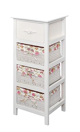 ts-ideen Landhaus Antik Kommode Schrank Badregal Weiss Nachttisch mit 3 Körben Rosa