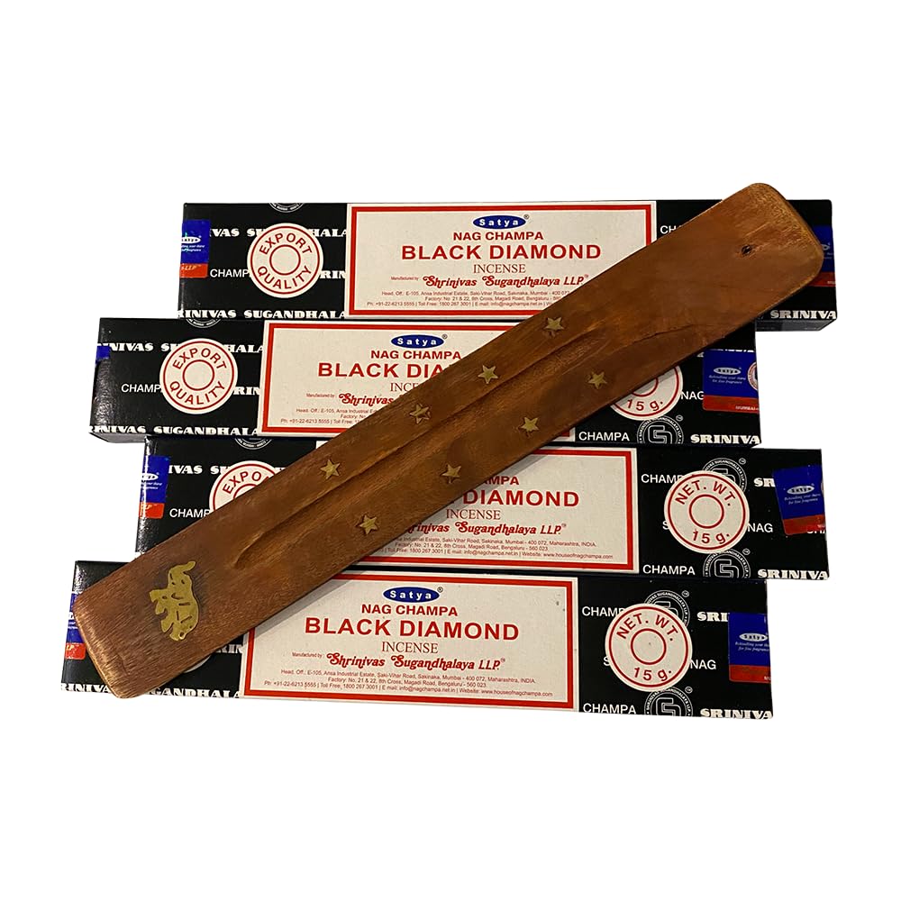 VIE Satya Incense Sticks, 4 Packs x 15g, with Incense Holder, Black Diamond