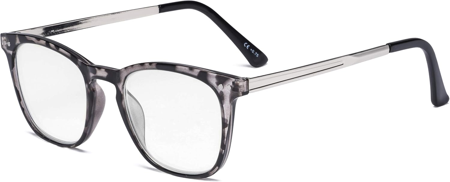 Eyekepper Readers Retro Square Plastic Frame Metal Arms Reading Glasses Grey DEMI +0.5, Grey Tortoise, +0.50