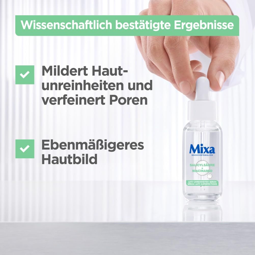 Mixa Anti-Unreinheiten Serum, Für zu Akne neigende und sensible Haut, Mit Salicylsäure, Squalan und Niacinamid, Geeignet für Gesicht & Hals, Hypoallergen, 30 ml 5