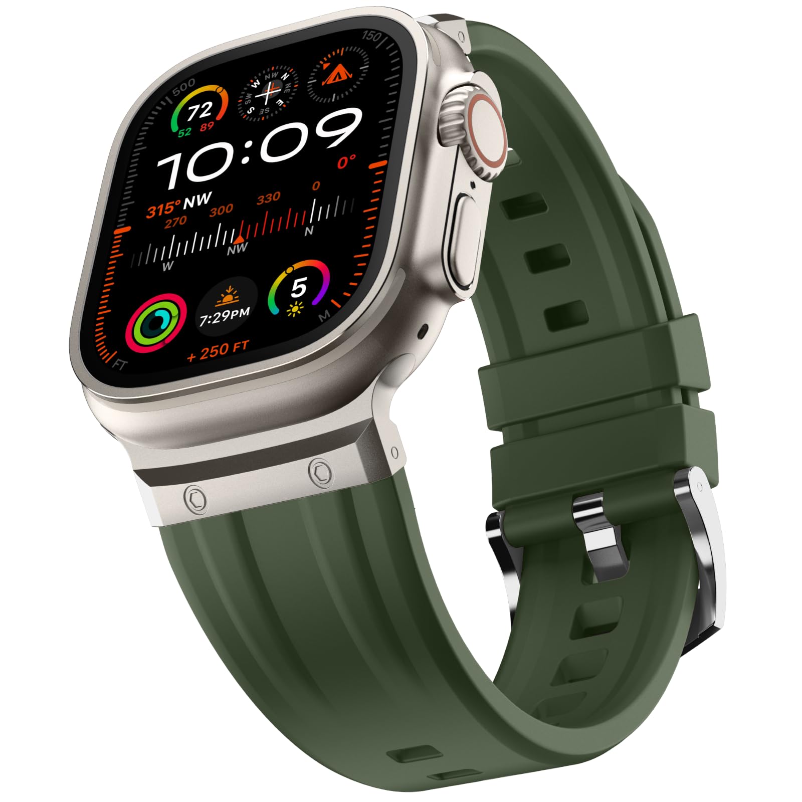 Tasikar Sport Band Compatible with Apple Watch Ultra Band 49mm 46mm 45mm 44mm 42mm, Men Stainless Steel Metal Silicone Replacement Strap for iWatch Ultra 2 Ultra Series 10 9 8 7 6 5 4 3 SE, Army Green