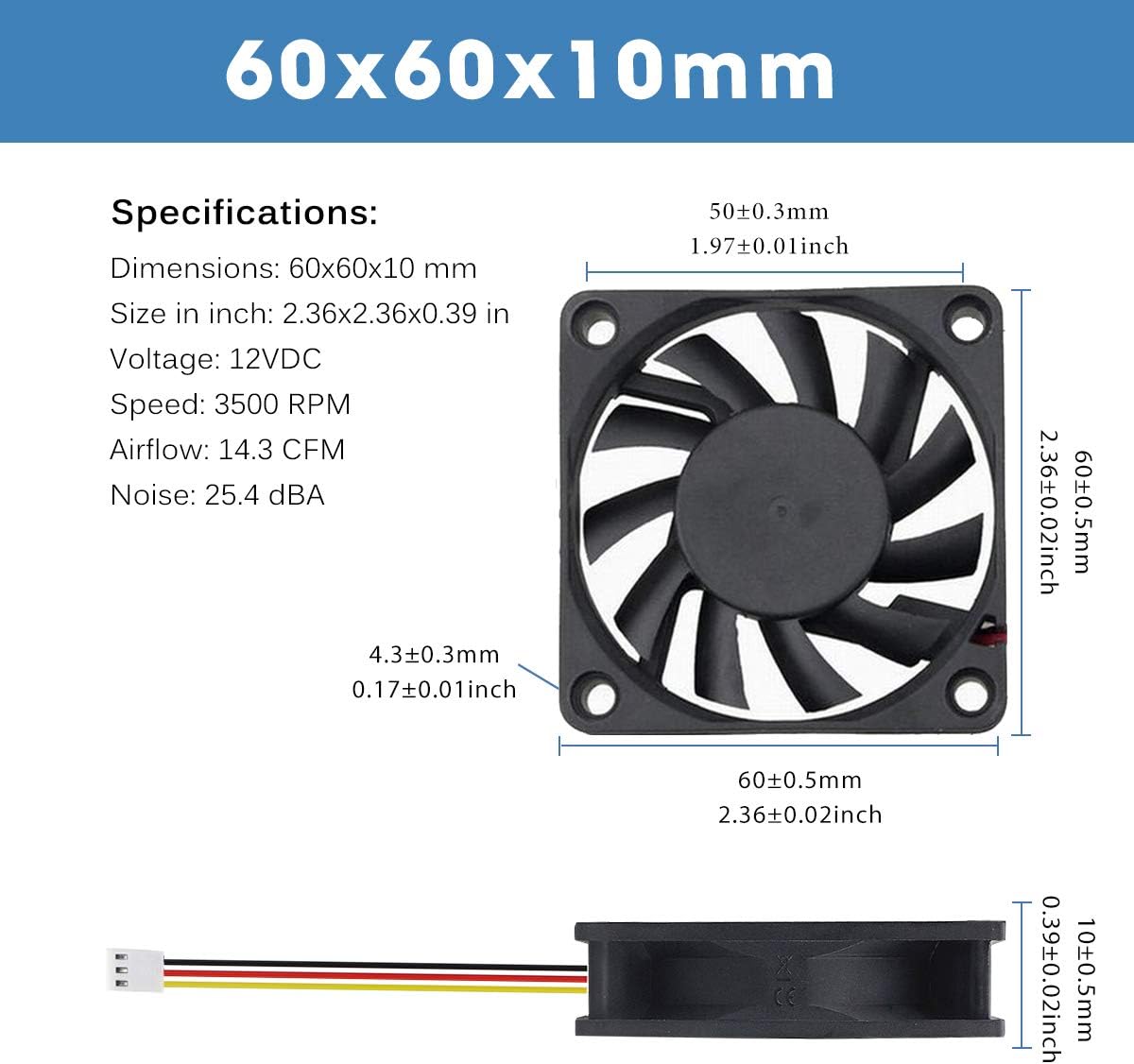 GDSTIME 60mm 3 Pin CPU PC Fan 12V Computer Fan 60 x 10mm CPU PC Cooler 6CM DC Brushless Cooling 3500 RPM Case Cooler For Router Game Console Cabinet Inverter Ventilation Replacement - Image 3