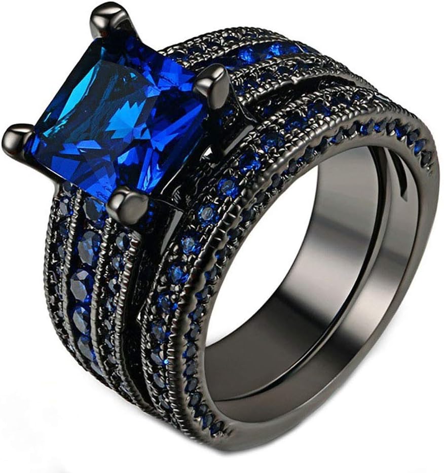 UGUAX Retro Black Gold Ring with Diamond Big Gemstone Ring Band Wedding Engagement Ring for Men Women