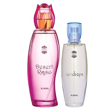 Ajmal Desert Rose EDP Floral Oriental Perfume 100ml for Women and Raindrops EDP Floral Chypre Perfume 50ml for Women + 2 Parfum Testers FREE
