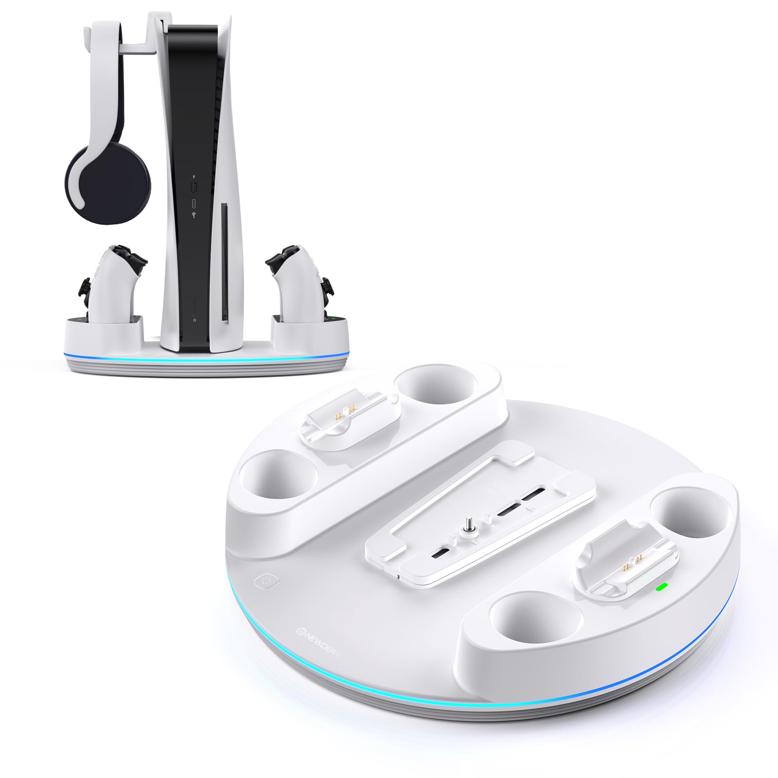NEWDERY for PS5/Slim/Pro Console Stand, with Dual Charging Station for PS5 Controllers, Adjustable RGB Light, for PS5 Controller Charger Stand - White