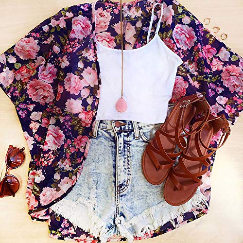 HTDBKDBK Women Causal Floral Print Short Sleeve Short Kimono Loose Cardigan Chiffon Top Blouse Shawl Cover Up Blue - Thumbnail 2