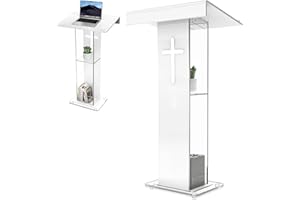 EASILYWINLIFE 45.3 Acrylic Podium Lectern, Pulpit for Churches with Double Shelves, Modern Plexiglass Pulpits Lectern with Cross Design for Classroom, Conference, Wedding and More