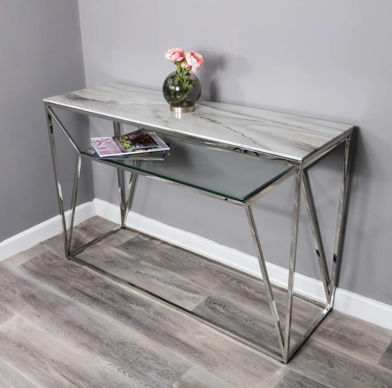 Downton Interiors Modern Silver Chrome White Grey Marble Glass Side Console Dressing Table Cons Marbglass 01 Full Ranges Of Matching Furniture Are Available Amazon Co Uk Kitchen Home