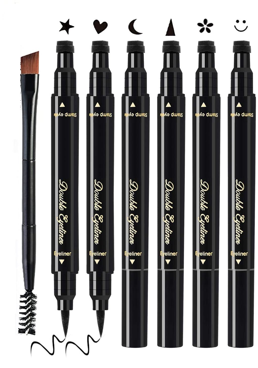 Eyeliner Stamps, 7Pcs Eyeliner Pencil Set with Eyebrow Brushes, Waterproof Smudge-proof Liquid Eyeliner Stamp With Heart/Moon/Flower/Star/Smiley/Triangle Seal Stamps for Women Girls