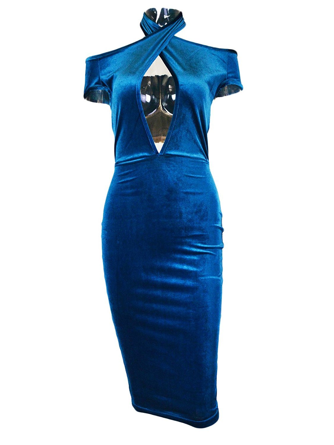 Women\'s Sexy Halter Off Shoulder Velvet Midi Club Bodycon Dress Dark Blue L