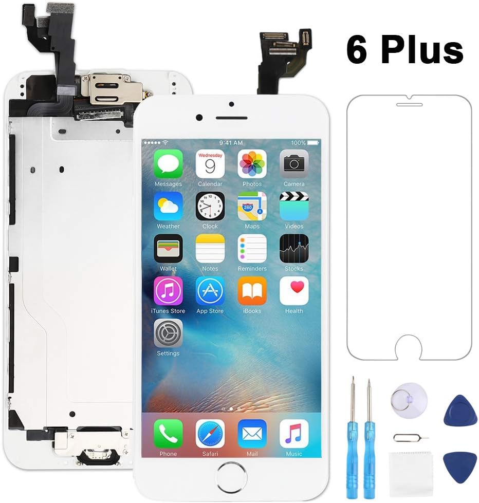 Full Assembly for iPhone 6 Plus Screen Replacement LCD Touch Digitizer Display with Front Camera,Ear Speaker,Facing Proximity Sensor,Home Button,Repair Tools and Free Screen Protector White