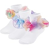 Toddler Girls Double Lace Ruffle Rainbow Socks Turn Cuff Shimmering Big Ruffle Dress Lace Socks