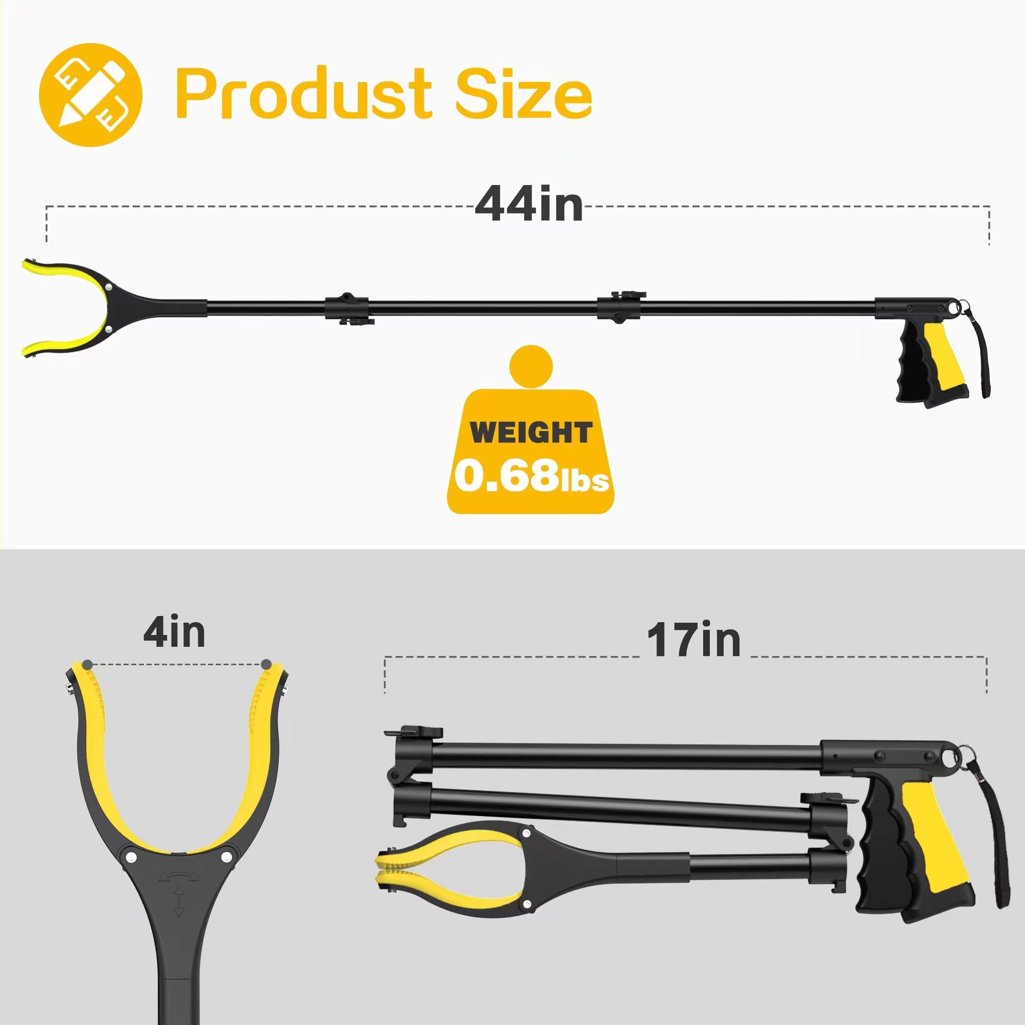 44 Inch Extra Long Grabber Reacher Tool，Foldable Trash Pick Up Stick for Seniors with Strong Grip Magnetic，360°Rotating Anti-Slip Jaw 4