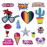 15 Pcs Iron On Embroidered Patch Set -Pill Love Heart Pow Giant Coctus Lips Twinke Star Cola Pineapple Insects Ice Cream Look Butterfly Maple leaf Patch