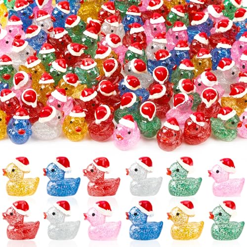 DTOFOOT 100 Pcs Christmas Mini Ducks, Luminous Glitter Ducks Mini Resin Duck Glow in Dark Christmas Hat Duck Ornament for Xmas DIY Craft Home Party Favors Decorations