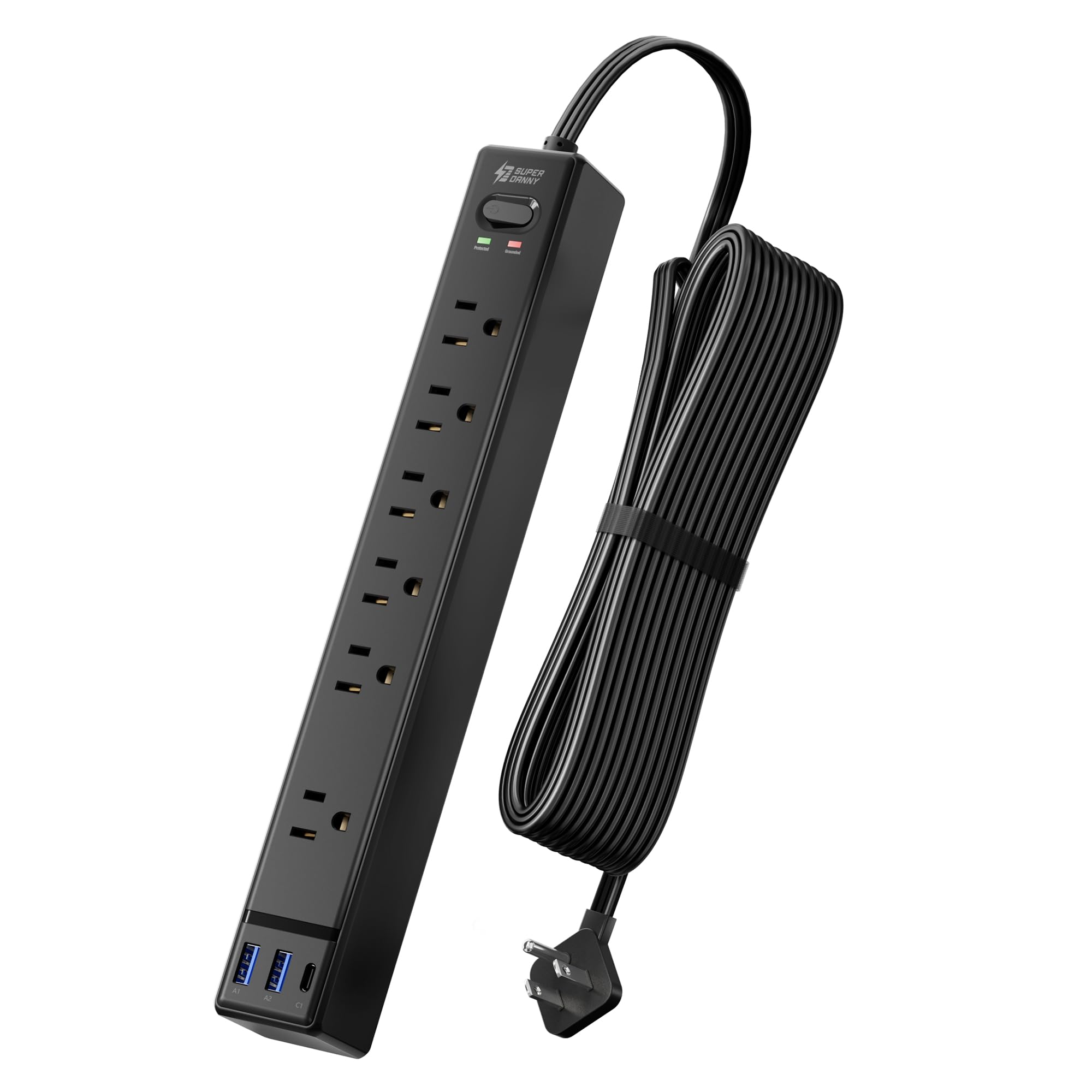 10Ft Extension Cord with Multiple Outlets, SUPERDANNY Flat Plug Surge Protector Power Strip with 3 USB Ports & 6 Outlets, 10 Ft Long Cord, Black Charging Station for Home Office, Dorm Room Essentials