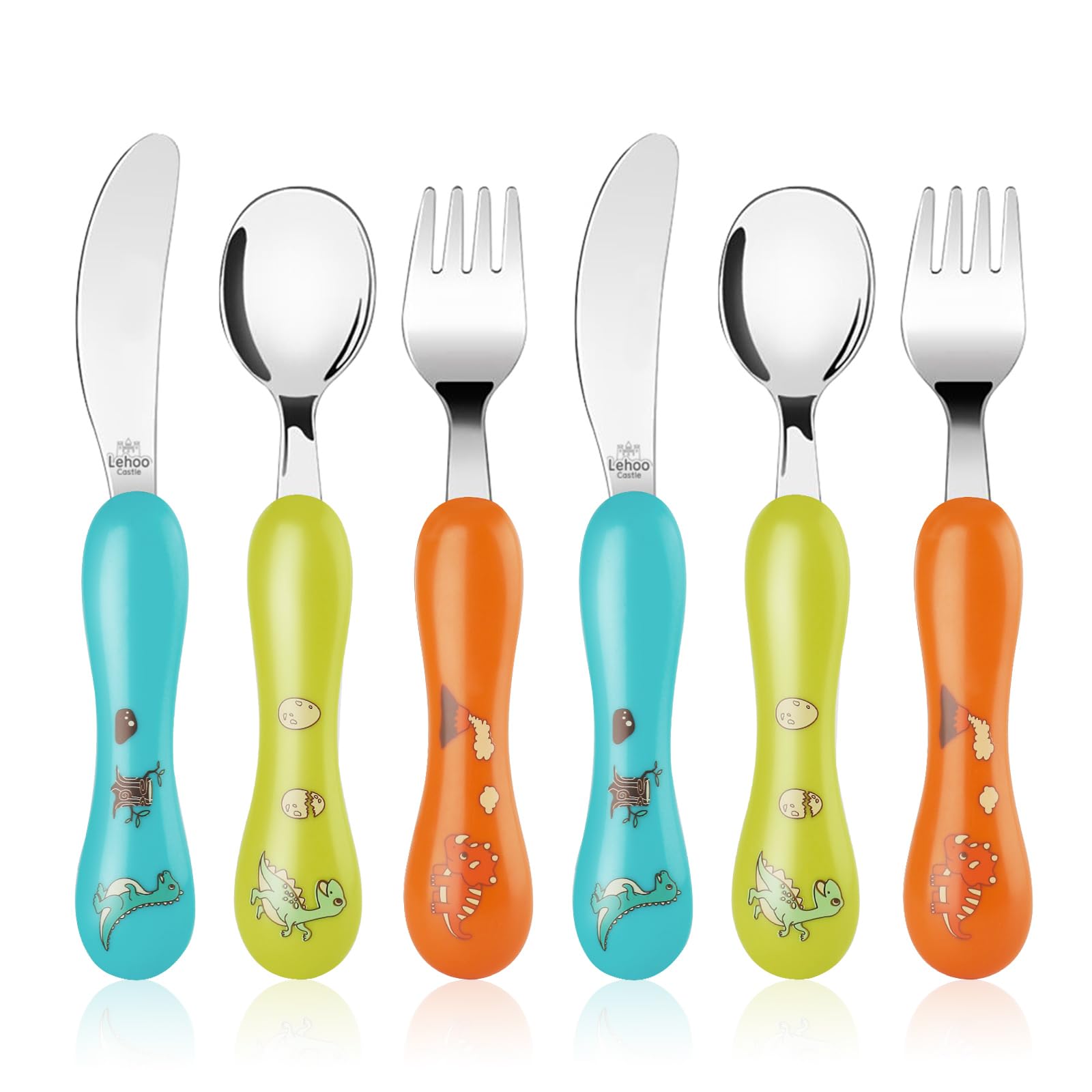 Lehoo Castle Toddler Cutlery, 6pcs Stainless Steel Dinosaurs Children's Cutlery Kids Cutlery Flatware, Incudes 2 x Spoons, 2 x Forks, 2 x Knives (Blue Green Orange)