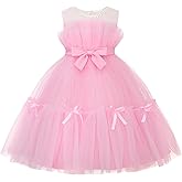 Uhnice Flower Girl Bow Dress Sleeveless Tulle Gown with Pearl Beading for Wedding Birthday Party