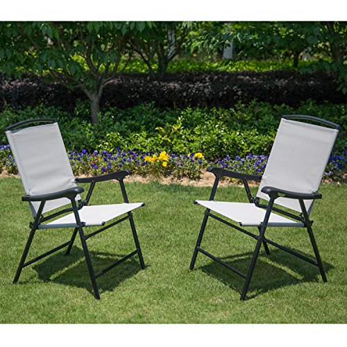 SunLife Modern Outdoor Folding Lawn Chairs with Steel Frame, Portable for Lawn, Garden, Patio, Beach Set of 2, Black Frame/Beige Fabric