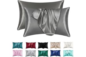 LXMGED Satin Silk Pillowcases for Skin and Hair,Set of 2 Satin Pillow Cases for Women with Envelope Closure,Soft Breathable Smooth Cooling Silk Pillow Covers for Gifts，Dark Grey，Queen (20" x 30")