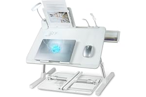 iXTRA Laptop Lap Desk with Cooling Fan - Adjustable with Light, USB, Storage Drawer - Folding Bed Desk,22.04"*12.59",White