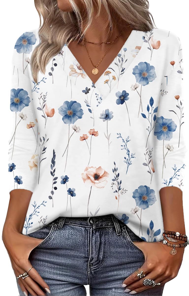 Zeagoo Cute Tops for Women V Neck Long Sleeve Blouses Floral Boho ...