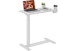 FitStand Medical Overbed Adjustable Bedside Table with Hidden Casters, Pneumatic Mobile Rolling Laptop Standing Desk with Tray for Home and Hospital Use, White Table Top + White Edging
