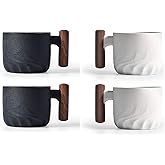 Scizorito 2.5oz Ceramic Espresso Cups with Wooden Handle, Chinese KungFu Tea Cup, Coffee Cups Set of 4 (Black/White)