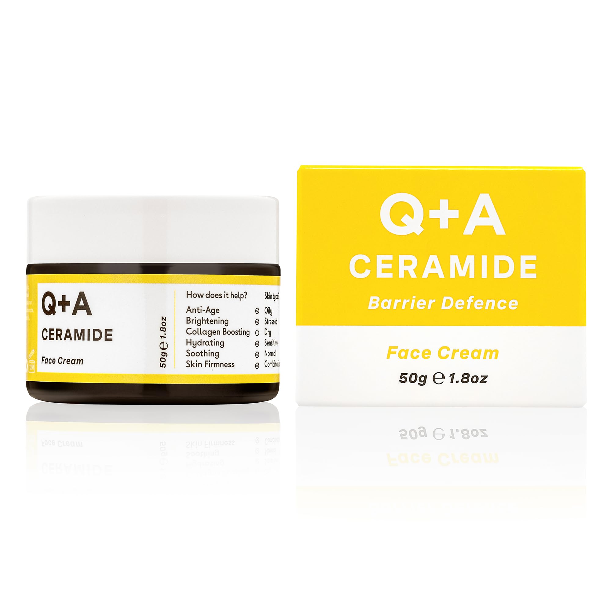 Q+A Ceramide Barrier Defence Face Cream (50g), Hydrating Moisturiser with Pineapple Ceramides, Pro Vitamin E and Squalane, Natural Face Care, Fragrance Free Skincare, Brightening Face Cream