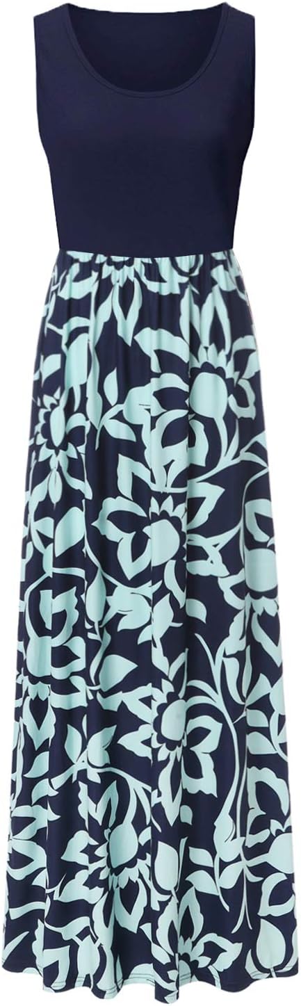 Womens Summer Contrast Sleeveless Tank Top Floral Print Maxi Dress