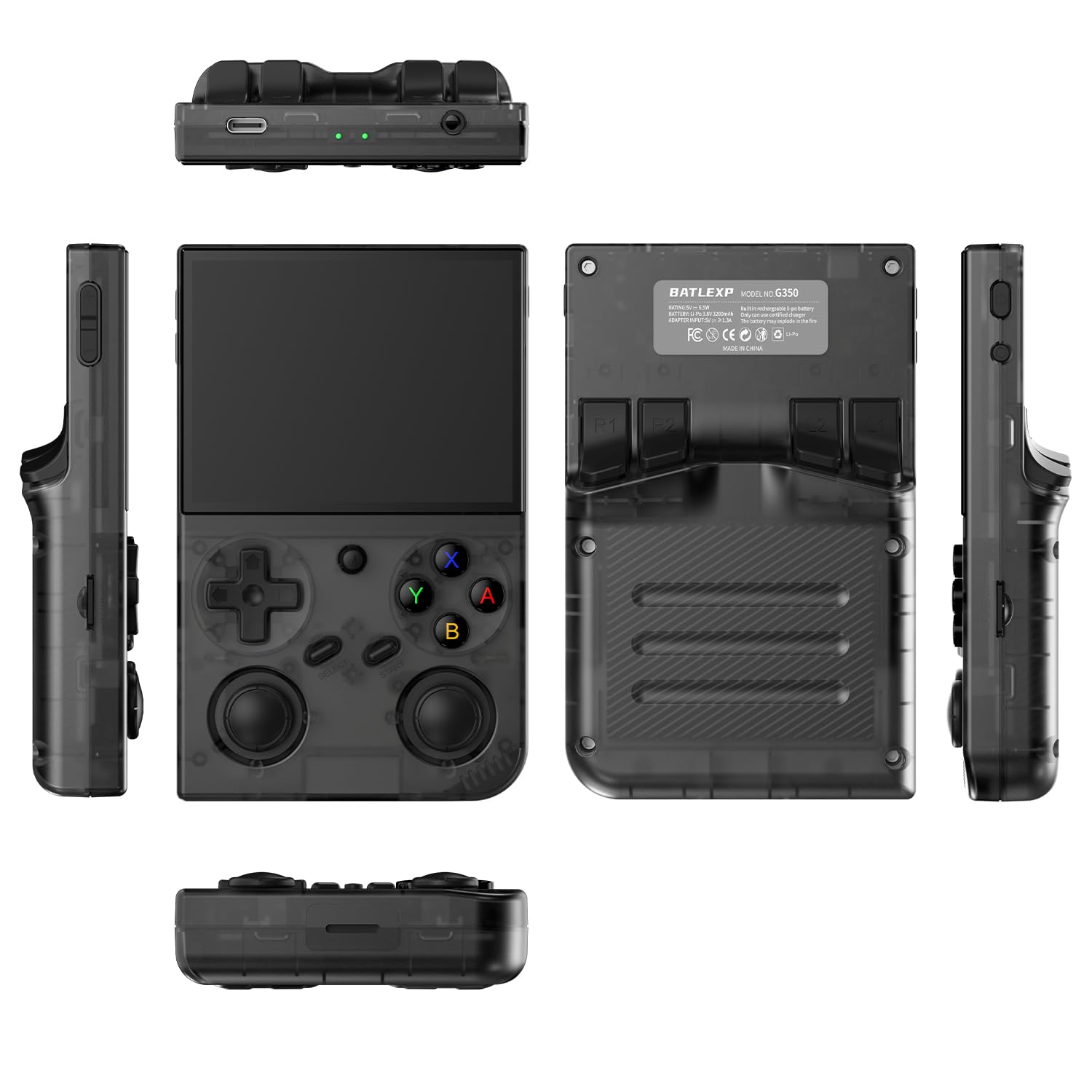 G350 Handheld Game Console , 3.5 Inch IPS Screen Linux System 3200 mAh Battery 4371 Games Preloaded , Portable Retro Video Games Console Support Wired Controller and Earphone (Transparent Black)